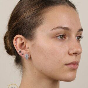 925 Sterling Silver CZ Hamsa Hand Stud Earrings 11mm Rhodium Finish Push Back